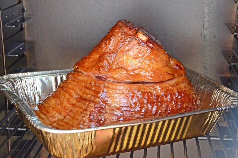 Double smoked ham in a steam pan