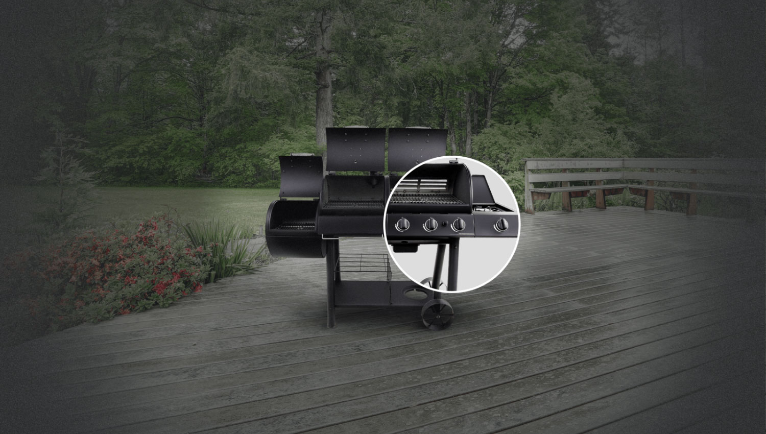 Gas grill chamber features three separate burners, each equipped with 12,000 BTUs.